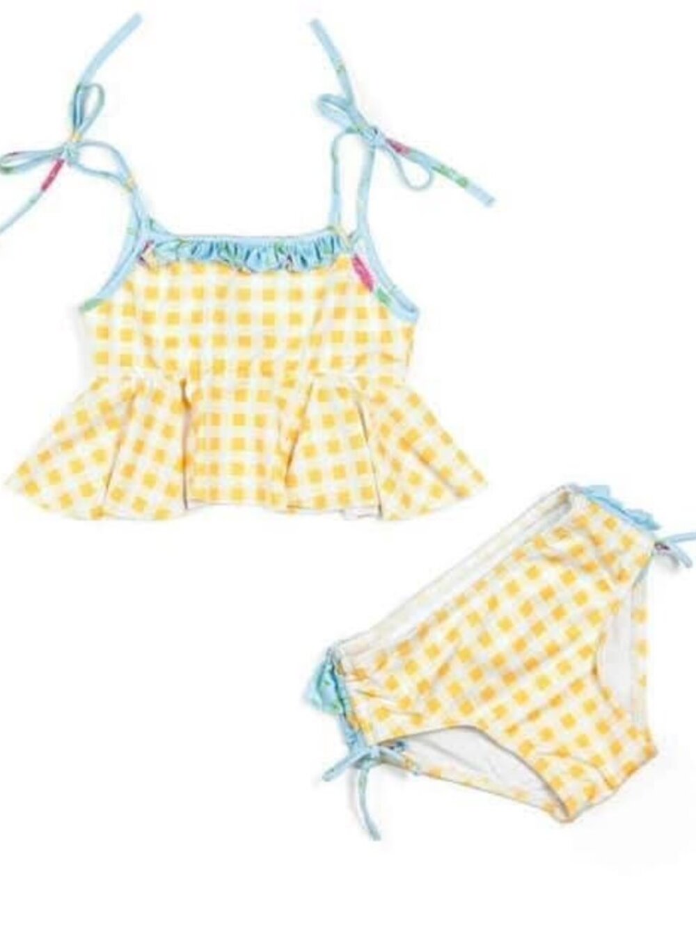 Girls Wildling Yellow Gingham Ruffled Back Tankini 2pc Swimsuit Tie Strap size 5